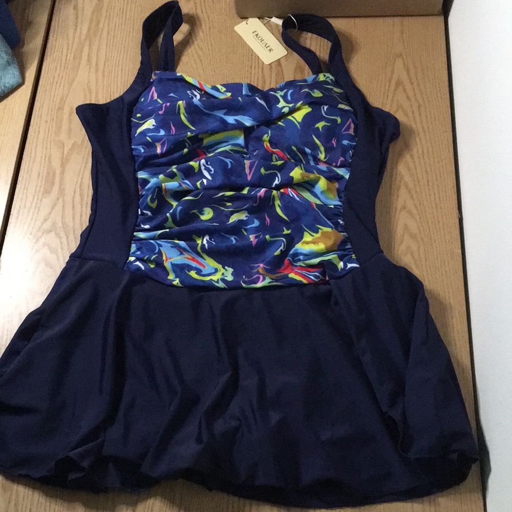 B44 New Women’s Ekouaer Swim Dress Ruched Front Navy Size XXLarge